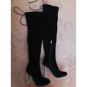 Black Velvet Thigh High Clear Heel Boots